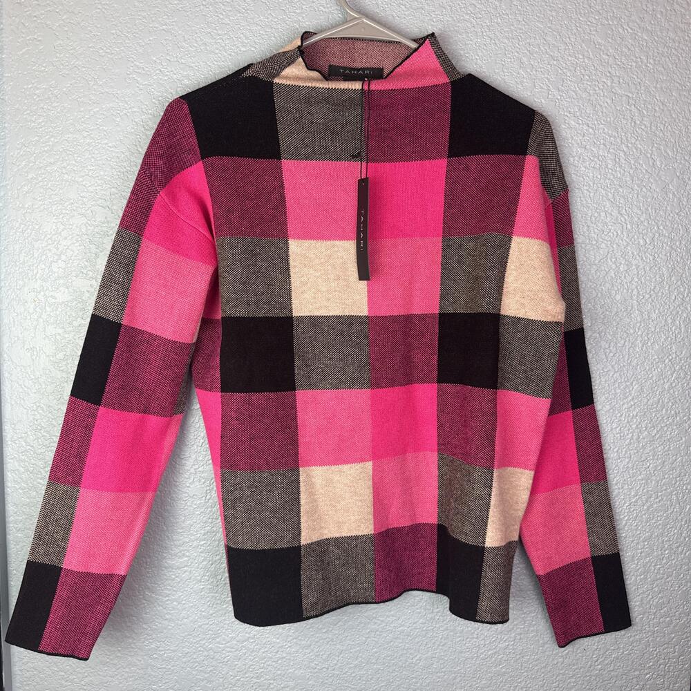 Tahari Sweater Womens XS Pink Plaid Mock Neck Long Sleeve Knit Pullover Top